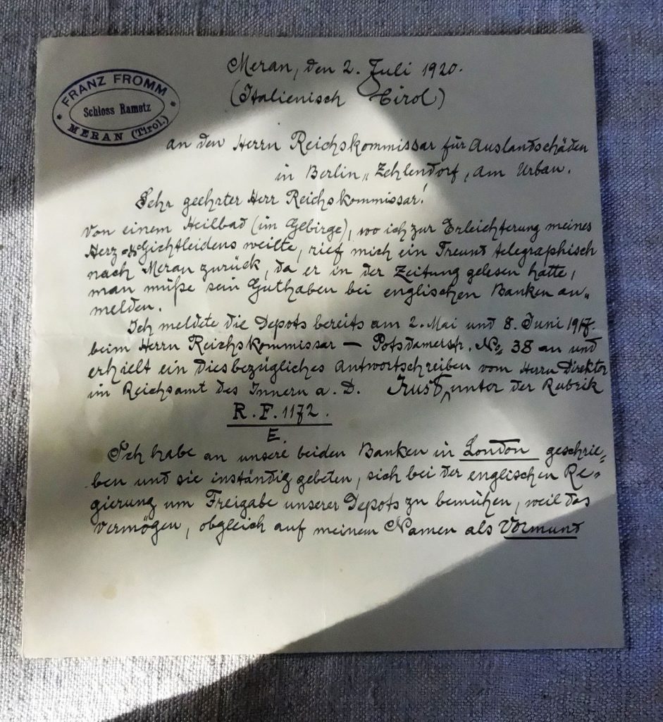 Brief mit Stempel "Franz Fromm. Schloss Rametz"