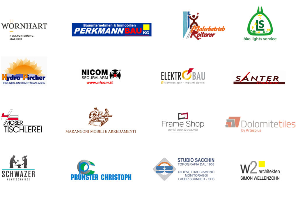 Sponsors logos: Wörnhart Restaurierung-Malerei, Perkmann Bau, Malerbetrieb Reiterer, Öko lights service, Hydro Pircher, Nicom Securalarm, Elektrobau, Santer Tischlerei, Moser Tischlerei, Marangoni Mobili e Arredamenti, Frame Shop, Dolomitetiles, Schwazer Kunstschmiede, Prünster Christoph, Studio Sacchin, w2 architekten Simon Wellenzohn