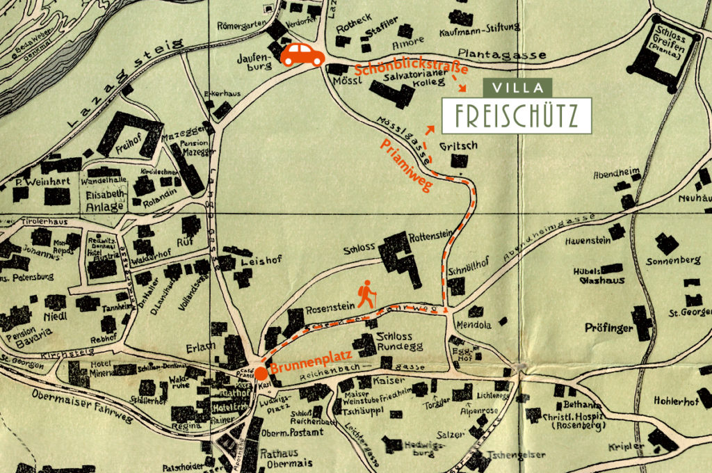 Directions to Villa Freischütz on old map of Merano